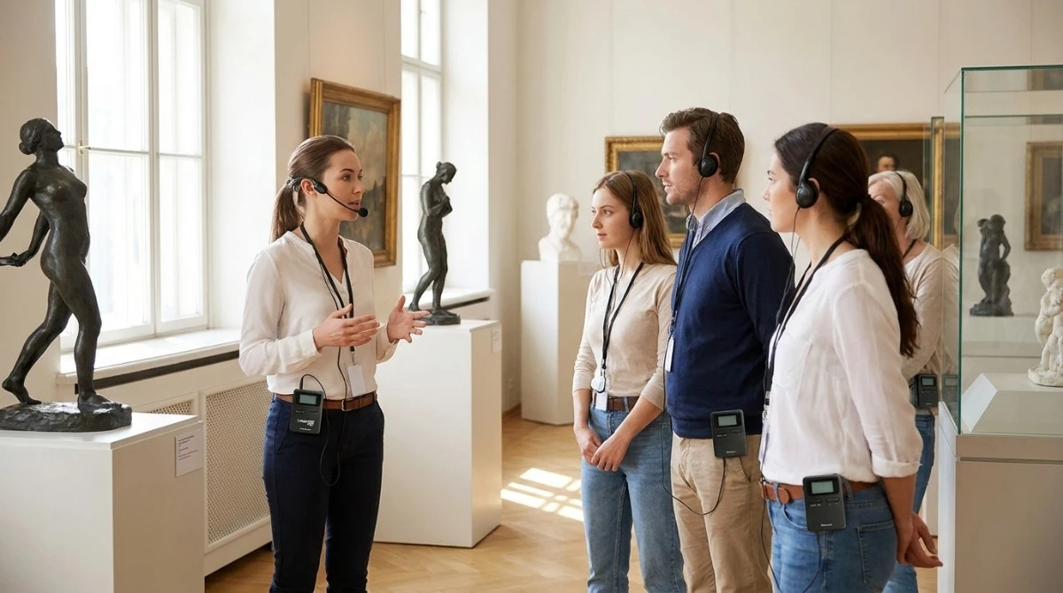 Tour guide wearing a wireless transmitter while visitors listen through receiver earpieces Tour guide wearing a wireless transmitter while visitors listen through receiver earpieces